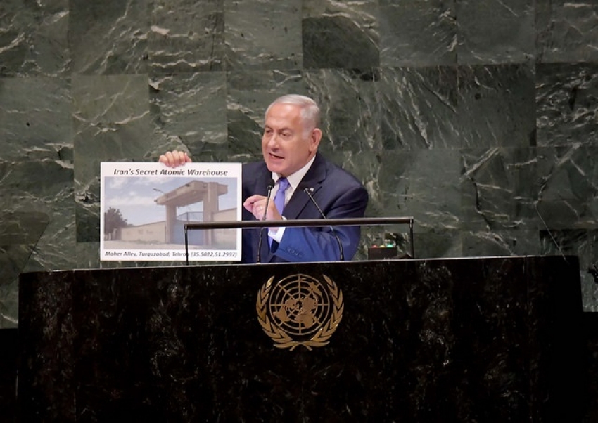 Netanyahu expone ante la ONU un almacén nuclear secreto en Teherán.